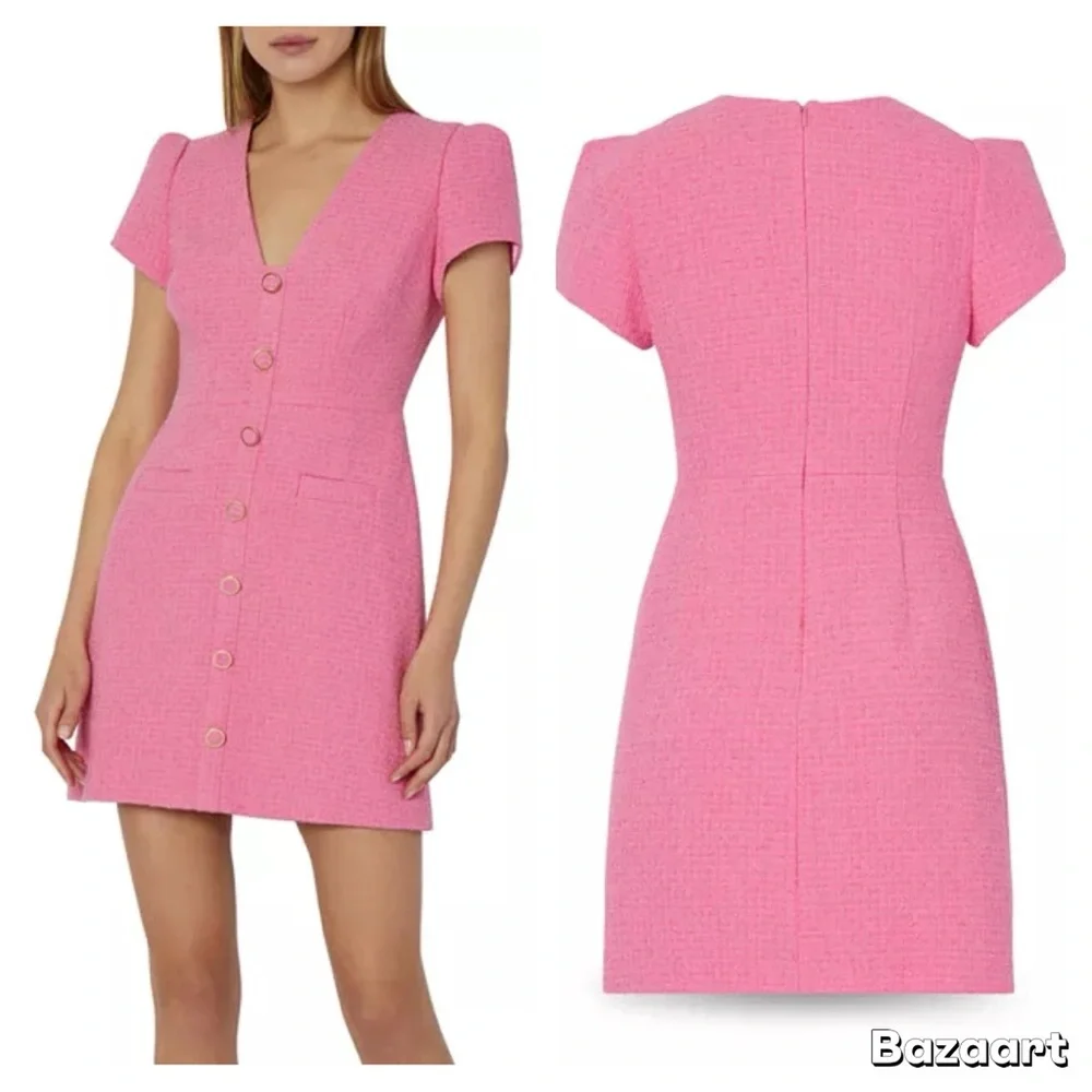 MILLY Genevie Pink Bouclé V Neck Dress  NWOT - Picture 11 of 13